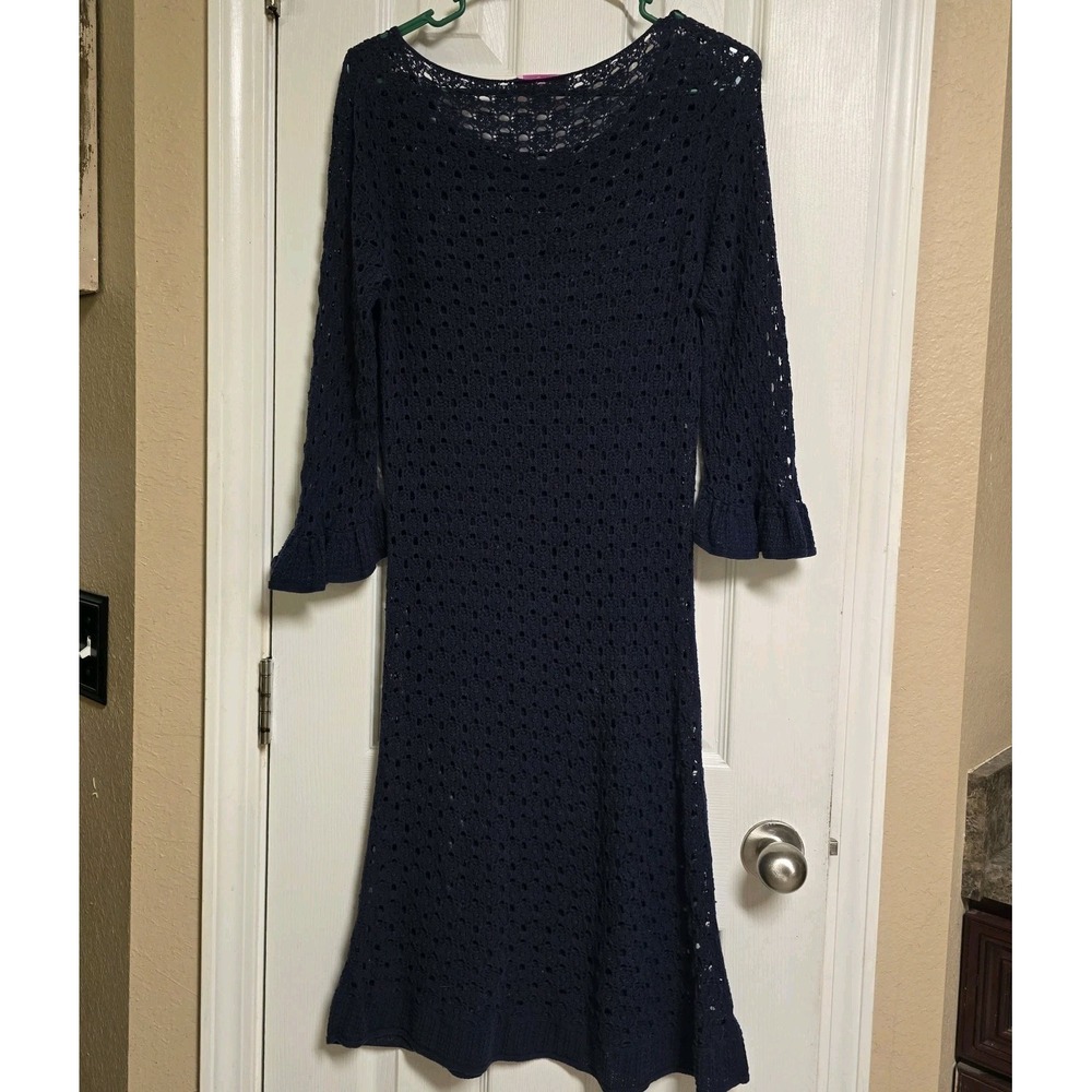 Lilly Pulitzer Shauna Tunic Crochet Lined Shift Dress Cover Up Large Navy Blue